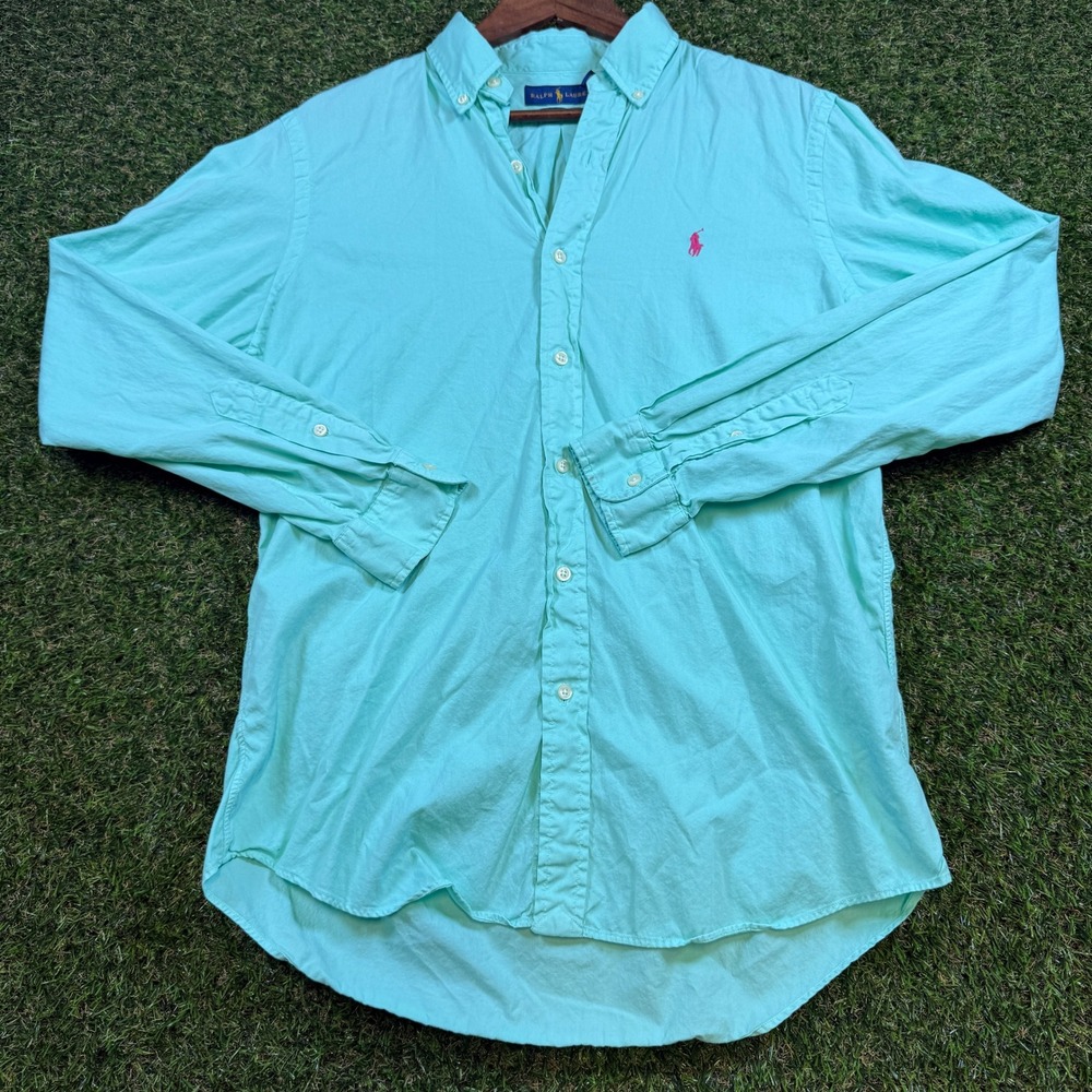 Polo Ralph Lauren Featherweight Twill Shirt Mens Medium Mint Green Pink Pony